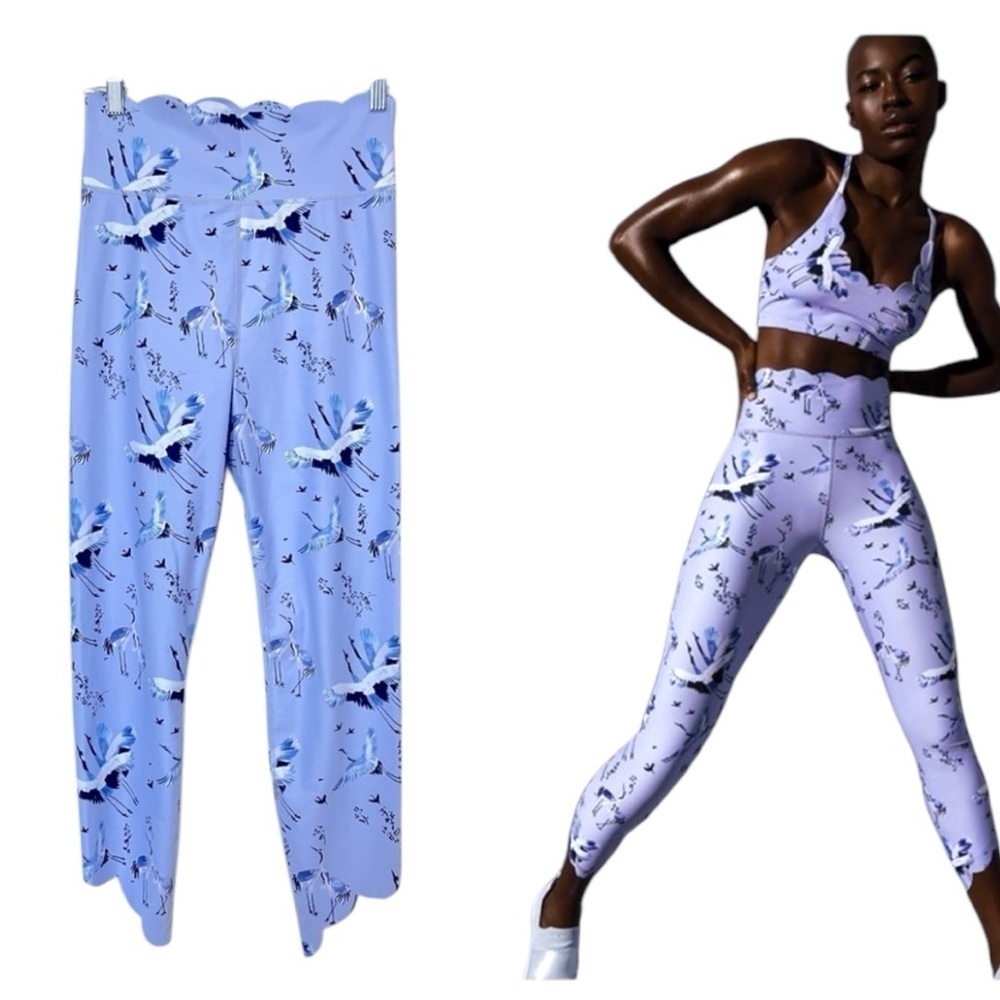 Carbon38 Crane Bird Print Cropped Leggings XS Scalloped Hems High Waist‎ Blue
